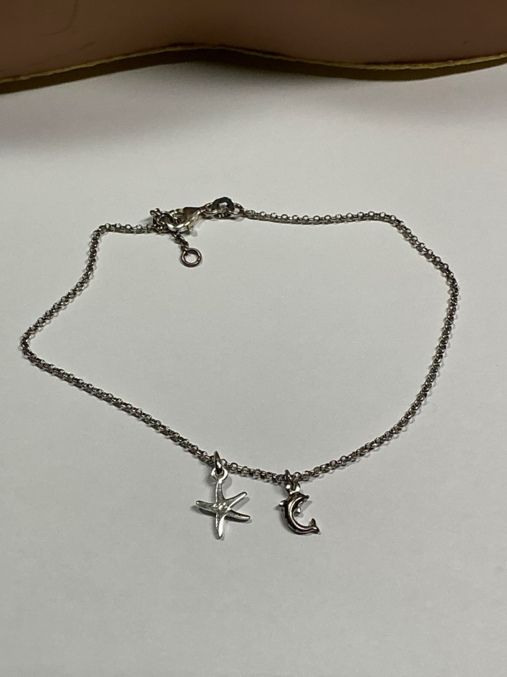 Sterling Silver Anklet Bracelet with a Dolphin 🐬 & Starfish Charm. 9 or 10”